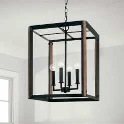 Alternative view of Best Pirce 🛒 Capital Lighting Rowe 4-light Matte Black/ Brown Wood Foyer Pendant 🤩
