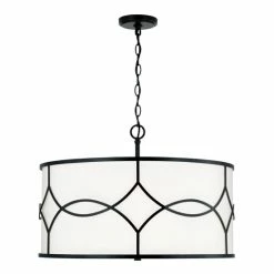Coupon 👏 Capital Lighting Avery 4-light Matte Black Drum Pendant W/ White Fabric Shade & Frosted Glass Diffuser 🥰