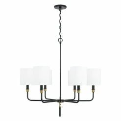 Best Sale 🌟 Capital Lighting Beckham 32" 6-light Glossy Black/ Aged Brass Chandelier W/ White Fabric Drum Shades 🔥