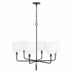 Alternative view of Best Sale 🌟 Capital Lighting Beckham 32" 6-light Glossy Black/ Aged Brass Chandelier W/ White Fabric Drum Shades 🔥