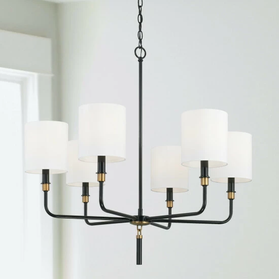 Best Sale ๐ Capital Lighting Beckham 32" 6-light Glossy Black/ Aged Brass Chandelier W/ White Fabric Drum Shades ๐ฅ 4 Best Sale ๐ Capital Lighting Beckham 32" 6-light Glossy Black/ Aged Brass Chandelier W/ White Fabric Drum Shades ๐ฅ - Image 4
